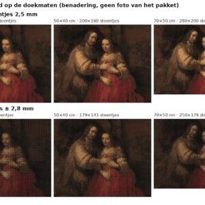 Rekenvoorbeeld van Het Joodse bruidje van Rembrandt in vierkante en ronde steentjes op drie doekmaten