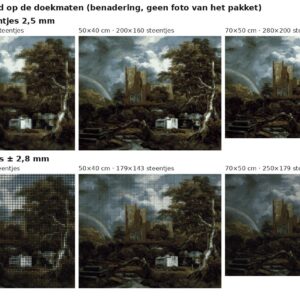 Rekenvoorbeeld van Het Joodse kerkhof van Ruisdael in vierkante en ronde steentjes op drie doekmaten