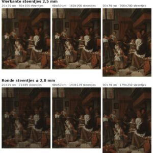 Rekenvoorbeeld van Het Sint-Nicolaasfeest van Jan Steen in vierkante en ronde steentjes op drie doekmaten
