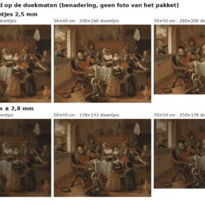 Rekenvoorbeeld van Het vrolijke huisgezin van Jan Steen in vierkante en ronde steentjes op drie doekmaten