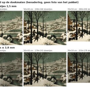 Rekenvoorbeeld van Jagers in de sneeuw van Bruegel in vierkante en ronde steentjes op drie doekmaten