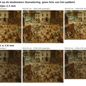 Rekenvoorbeeld van Kinderspelen van Bruegel in vierkante en ronde steentjes op drie doekmaten