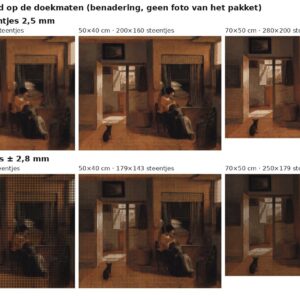 Rekenvoorbeeld van Moedertaak van Pieter de Hooch in vierkante en ronde steentjes op drie doekmaten