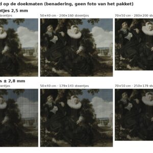 Rekenvoorbeeld van Portret van een stel van Frans Hals in vierkante en ronde steentjes op drie doekmaten
