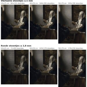 Rekenvoorbeeld van Vrouw met weegschaal van Vermeer in vierkante en ronde steentjes op drie doekmaten