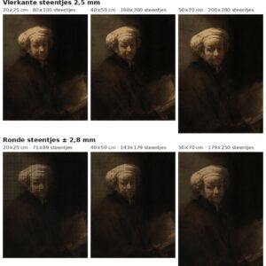 Rekenvoorbeeld van Zelfportret als Paulus van Rembrandt in vierkante en ronde steentjes op drie doekmaten