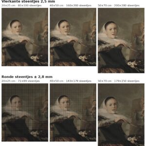 Rekenvoorbeeld van Zelfportret van Judith Leyster in vierkante en ronde steentjes op drie doekmaten