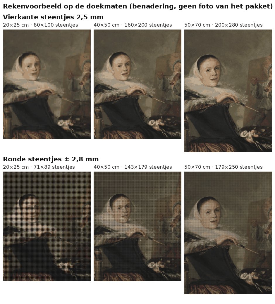 Rekenvoorbeeld van Zelfportret van Judith Leyster in vierkante en ronde steentjes op drie doekmaten